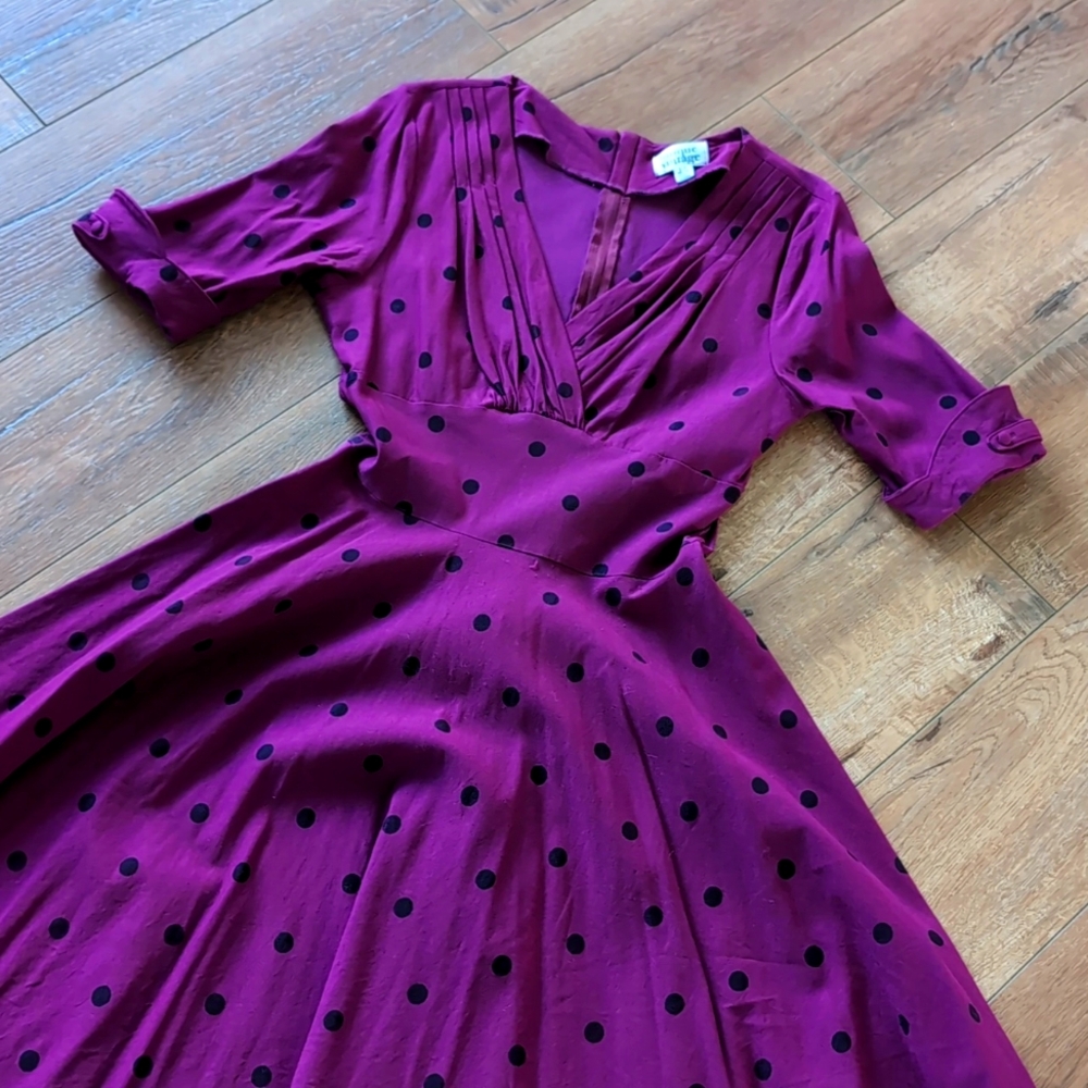 Unique Vintage Purple with Polka dots Delores Swing Dress with Sleeves - Size L